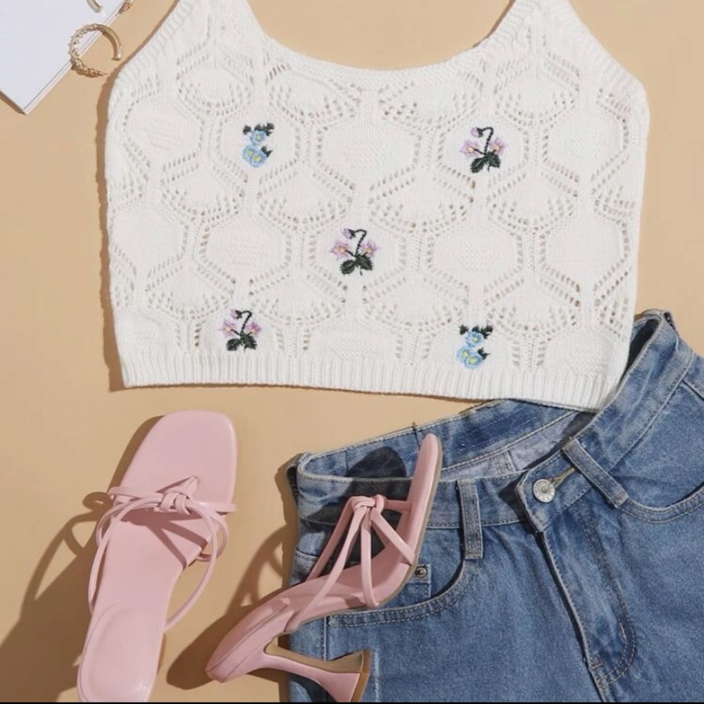 Floral embroidery pointelle knit crop top